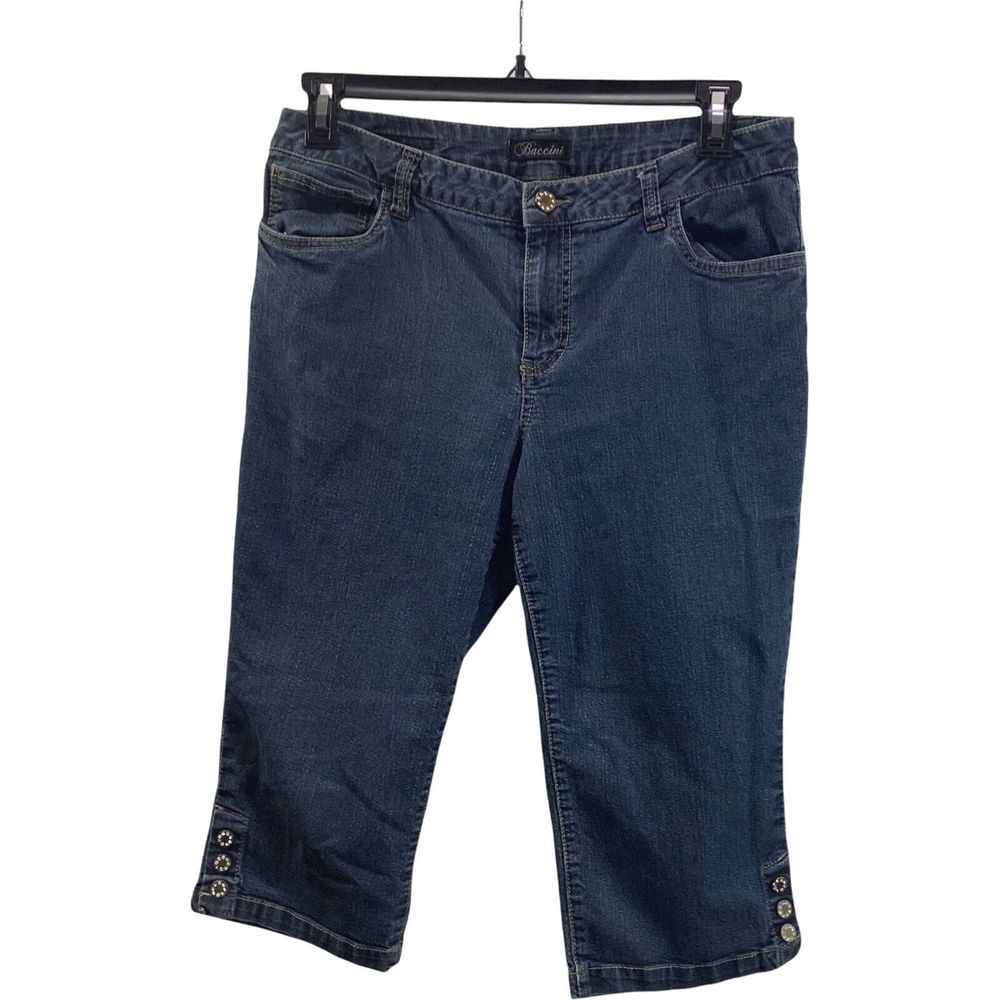 Baccini‎ Capri Crop Pants Jeans Rhinestone Buttons 16 P Stretch Dark Wash Womans